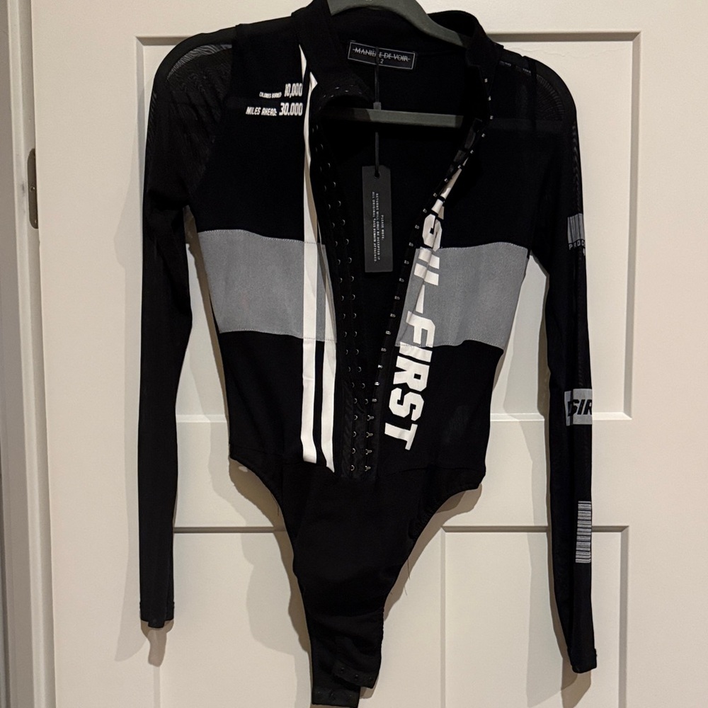 Maniére De Voir Black and Gray Long Sleeve Bodysuit